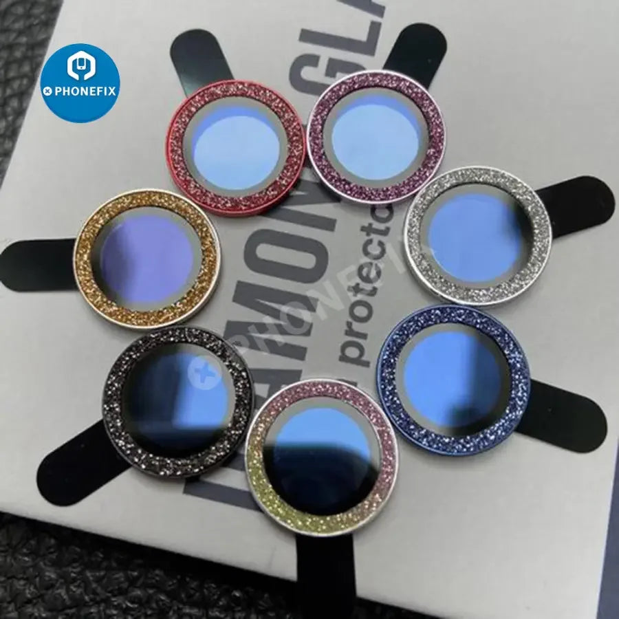 Colorful bling diamond camera lens protector cover for iPhone 13, 12 Mini, 11 Pro, back glass replacement by PHONEFIX.