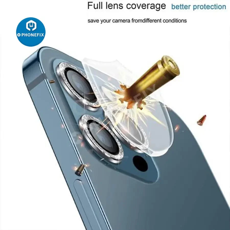 Colorful bling diamond camera lens protector cover for iPhone 13, 12 Mini, and 11 Pro back glass replacement by PHONEFIX