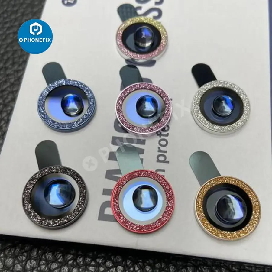 Colorful bling diamond camera lens protector cover for iPhone 13, 12 Mini, and 11 Pro, back glass replacement by PHONEFIX
