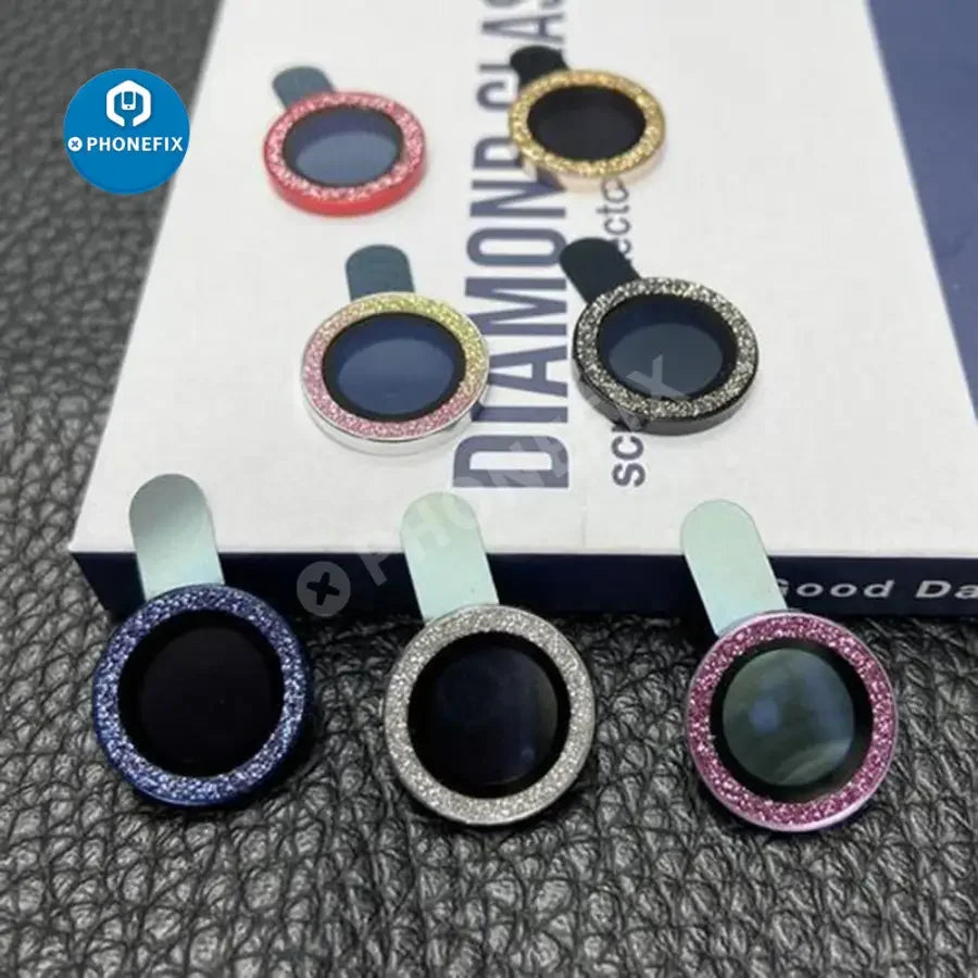 Colorful bling diamond camera lens protector cover for iPhone 13, 12 Mini, and 11 Pro, back glass replacement by PHONEFIX.