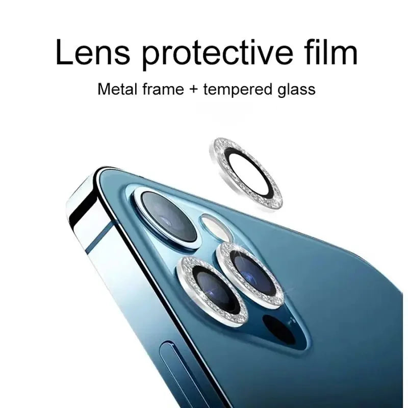 Colorful bling diamond camera lens protector cover for iPhone 13, 12 Mini, 11 Pro, by PHONEFIX, for back glass replacement.