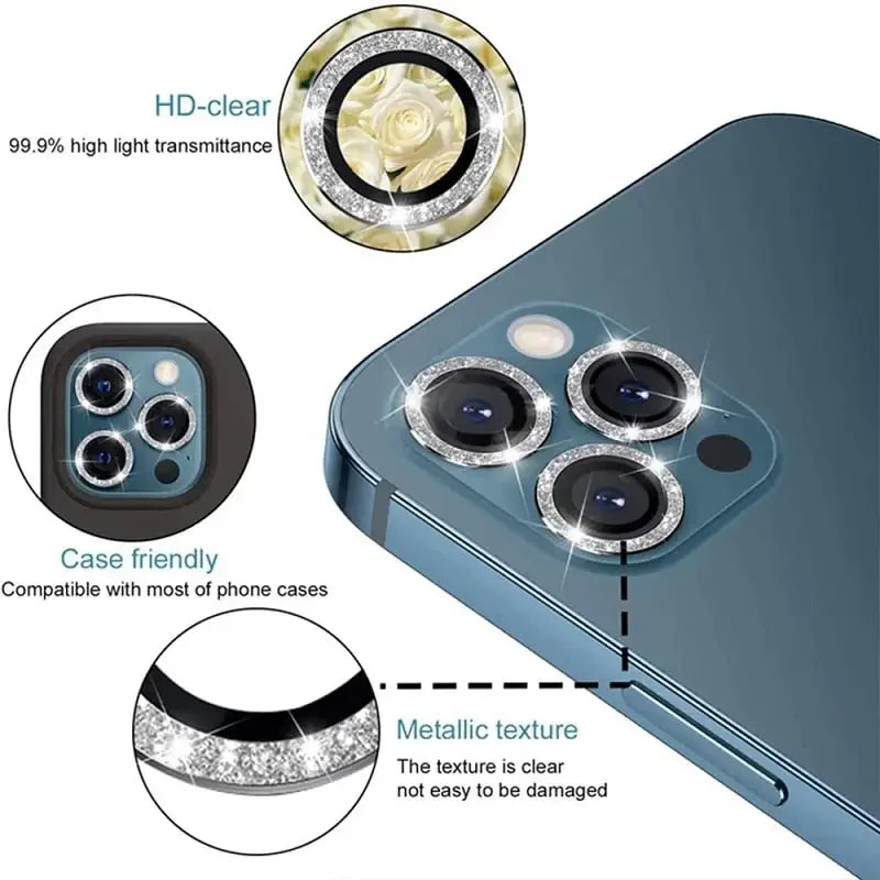 Colorful bling diamond camera lens protector cover for iPhone 13, 12 Mini, and 11 Pro, designed as back glass replacement by PHONEFIX.