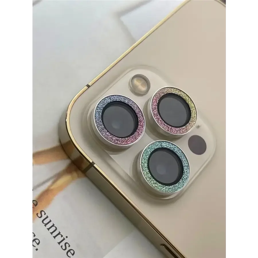 Colorful bling diamond camera lens protector cover for iPhone 13, 12 Mini, and 11 Pro, back glass replacement by PHONEFIX