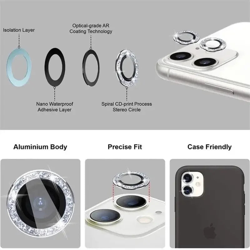 Colorful bling diamond camera lens protector cover for iPhone 13, 12 Mini, and 11 Pro, made by PHONEFIX, back glass replacement.
