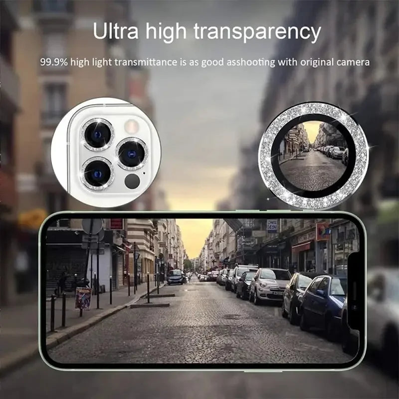 Colorful bling diamond camera lens protector cover for iPhone 13, 12 Mini, 11 Pro, back glass replacement by PHONEFIX.