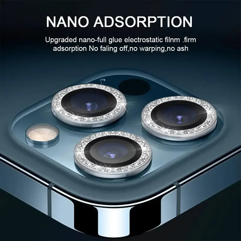 Colorful bling diamond camera lens protector cover for iPhone 13, 12 mini, and 11 Pro from PHONEFIX, back glass replacement.