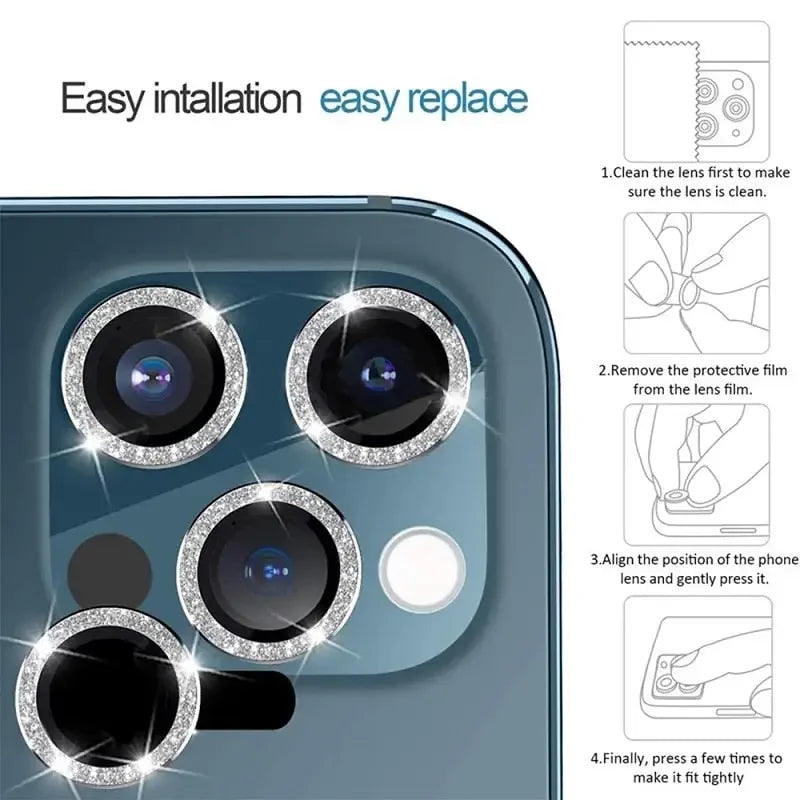 Colorful bling diamond camera lens protector cover for iPhone 13, 12 Mini, and 11 Pro, designed for back glass replacement by PHONEFIX.