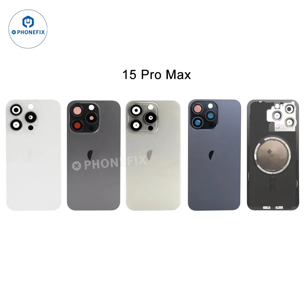 Phonefix iPhone 14-16 Pro Max back cover glass with MagSafe magnet, replacement glass showing the sleek, black rear design.