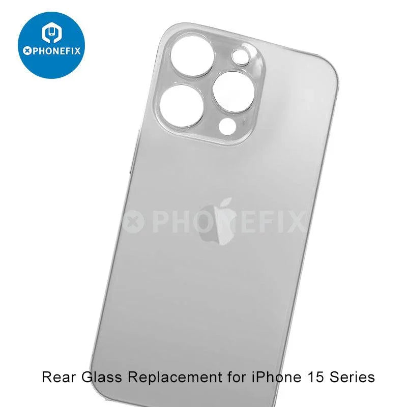 Blue back cover glass with large camera hole for iPhone 15 series, designed for PHONEFIX back glass replacement.