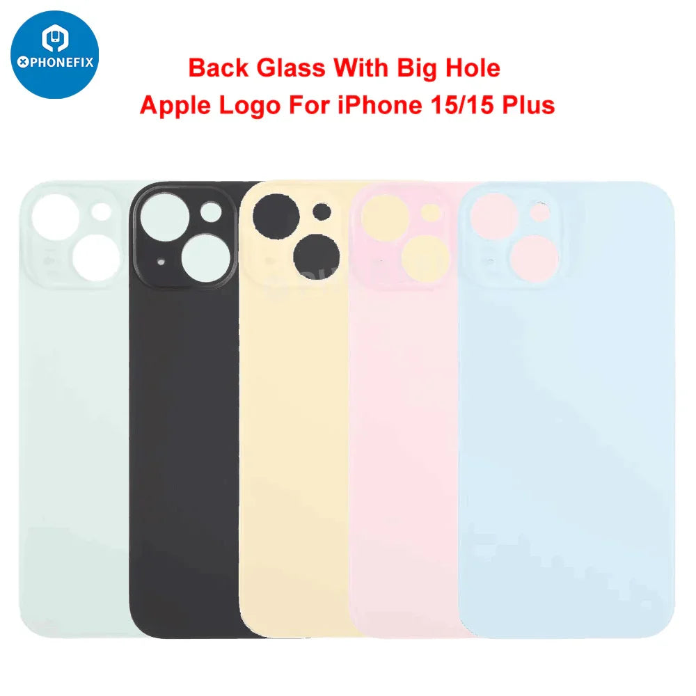 Blue iPhone 15 series back cover glass with large camera hole, replacement back glass for PHONEFIX brand.