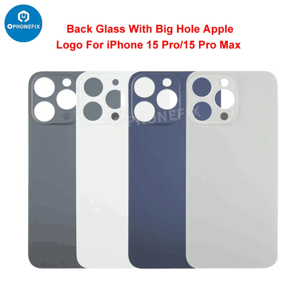Blue PHONEFIX back cover glass with large camera hole for iPhone 15 series, replacement back glass for iPhone 15 Pro.