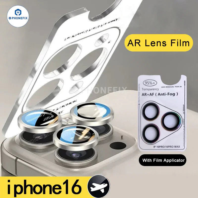 PHONEFIX black back glass replacement for iPhone 16 Plus and Pro Max with AR camera lens protective film visible in the image.