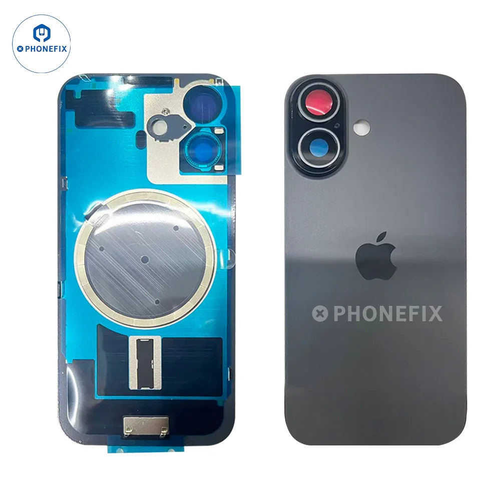 iPhone 17/Air/Pro Max back glass replacement with MagSafe magnet ring, PHONEFIX brand, showing the sleek glass and magnetic ring detail.
