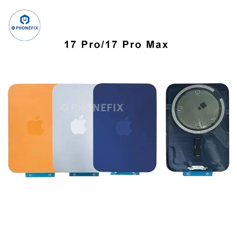 iPhone 17 Pro Max back glass replacement with MagSafe magnet ring by PHONEFIX, showcasing the sleek, clear glass design.