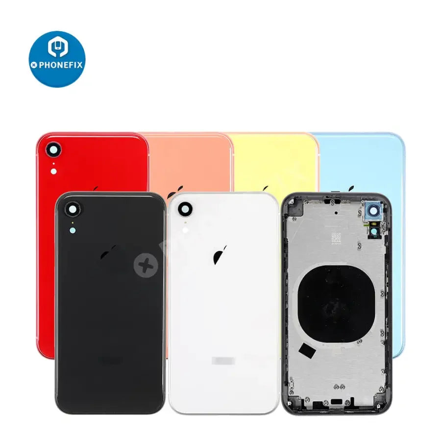 iPhone back housing with battery frame replacement, PhoneFix aftermarket rear glass and frame for iPhone repair.