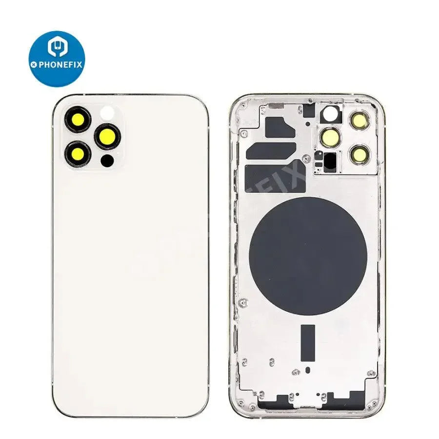 iPhone back housing with battery frame replacement by PHONEFIX, showing new rear glass and frame for iPhone repair.