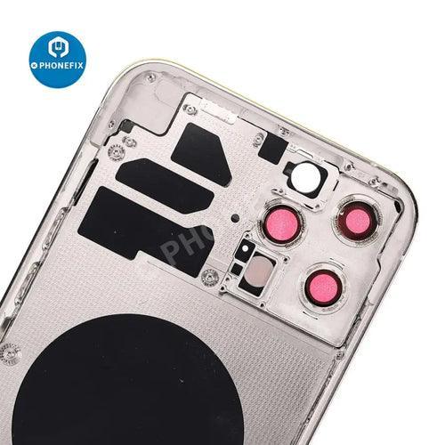 After-market iPhone 11 back housing with battery frame replacement from PHONEFIX, showing the rear glass and frame parts.