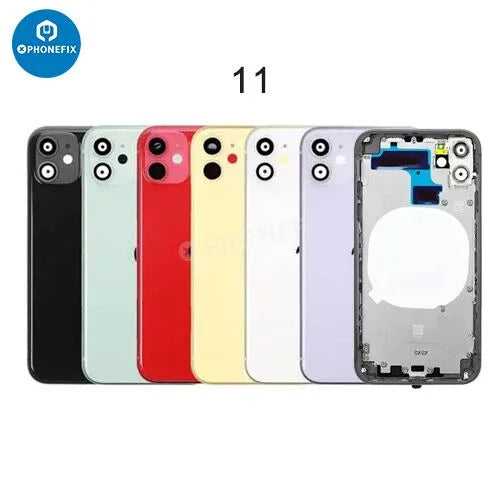 PhoneFix iPhone back housing with battery frame replacement, featuring glass back cover and frame for repair or replacement.