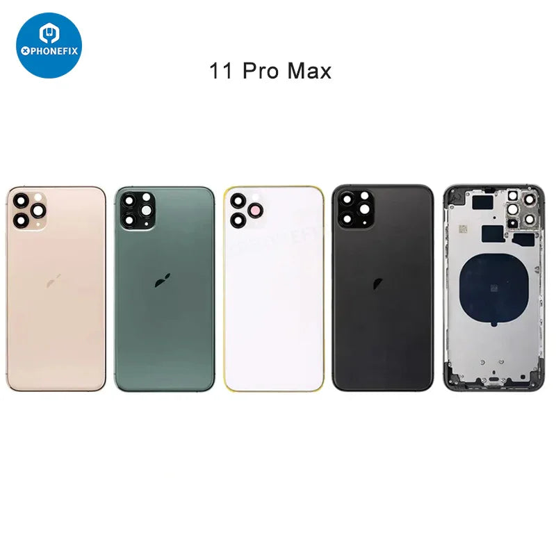 PHONEFIX iPhone back housing with battery frame replacement, showing the back glass and internal components for repair.