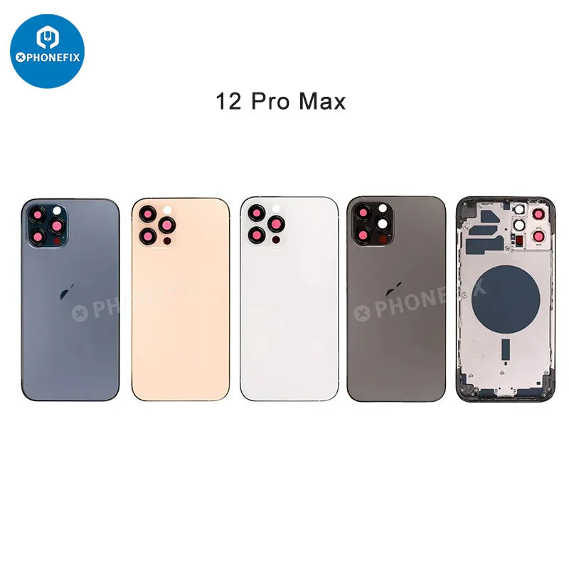 PhoneFix iPhone back housing with battery frame replacement, includes back glass and frame for repair.