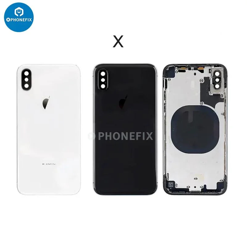 PHONEFIX iPhone back housing with battery frame replacement, showing the back glass and internal components.