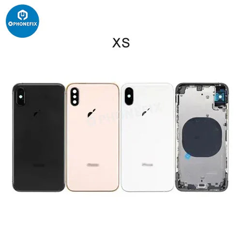 PhoneFix iPhone XS back housing with battery frame, replacement back glass part showing the assembled component.