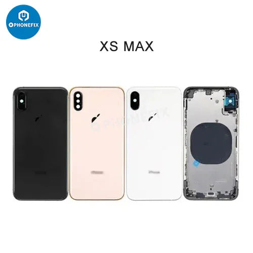 PHONEFIX iPhone back housing with battery frame replacement, featuring a new back glass and built-in battery frame, shown in the image.
