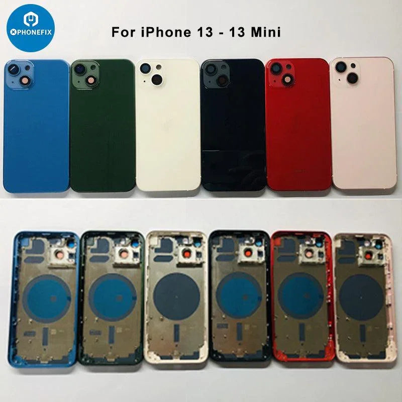 PHONEFIX iPhone back housing with battery frame, replacement back glass for iPhone models, showing the assembled repair part.
