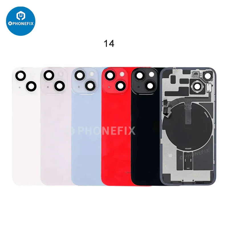 PHONEFIX iPhone back housing with battery frame replacement parts, featuring back glass and assembly components.