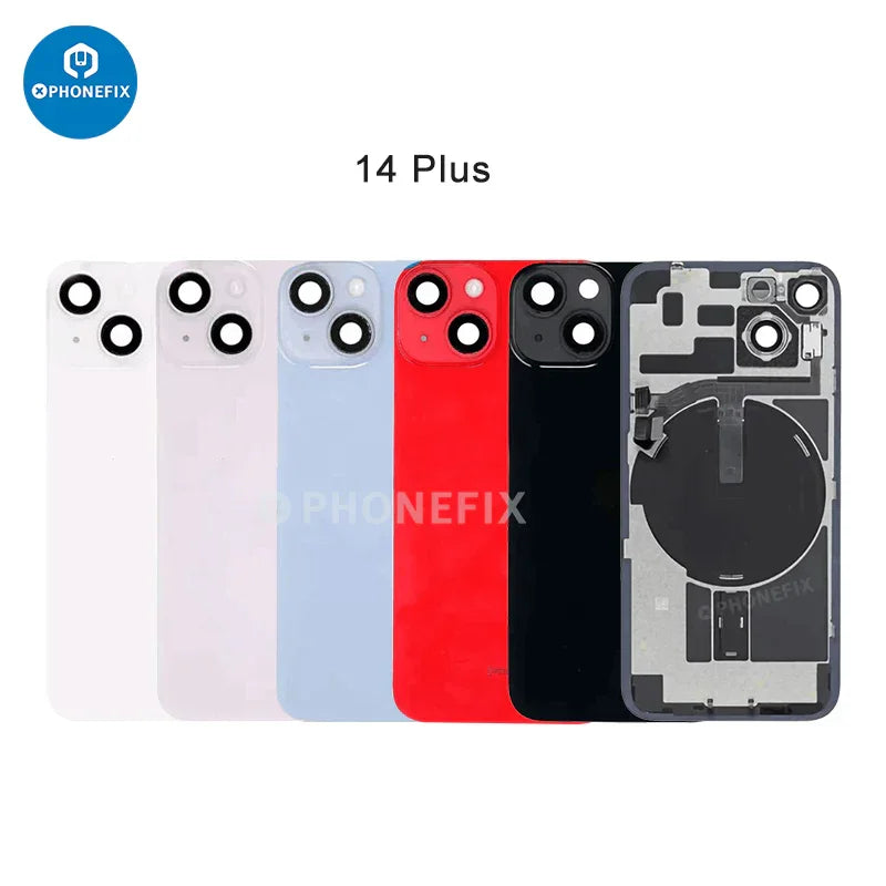 PHONEFIX iPhone back housing with battery frame replacement parts, including back glass cover and frame for repair.