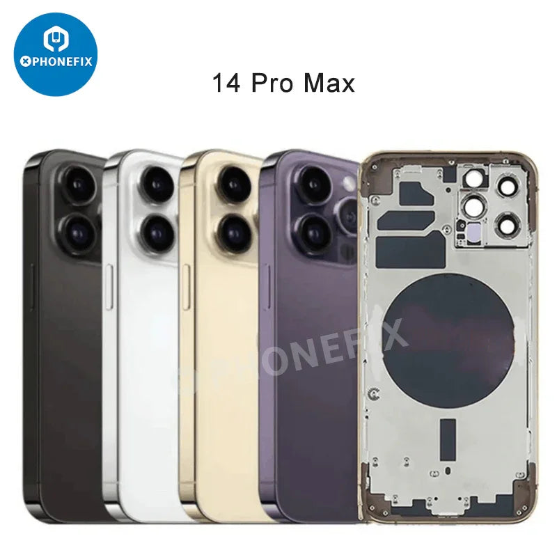 PHONEFIX iPhone back housing with battery frame, replacement back glass panel showing smooth glass surface and metal frame.
