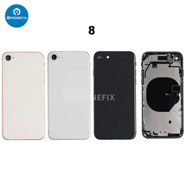 PhoneFix iPhone back housing with battery frame, replacement back glass and internal components for repair or upgrade.