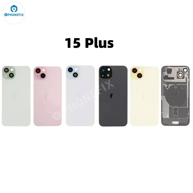 PHONEFIX iPhone back housing with battery frame replacement, including back glass and assembly parts for repair.