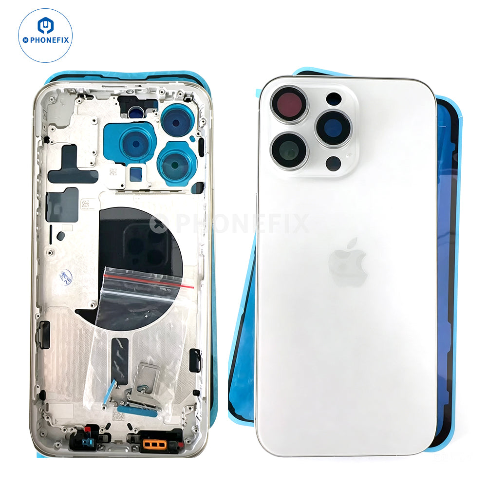 iPhone back housing with battery frame replacement part by PHONEFIX, showing the back glass and internal frame for repair.