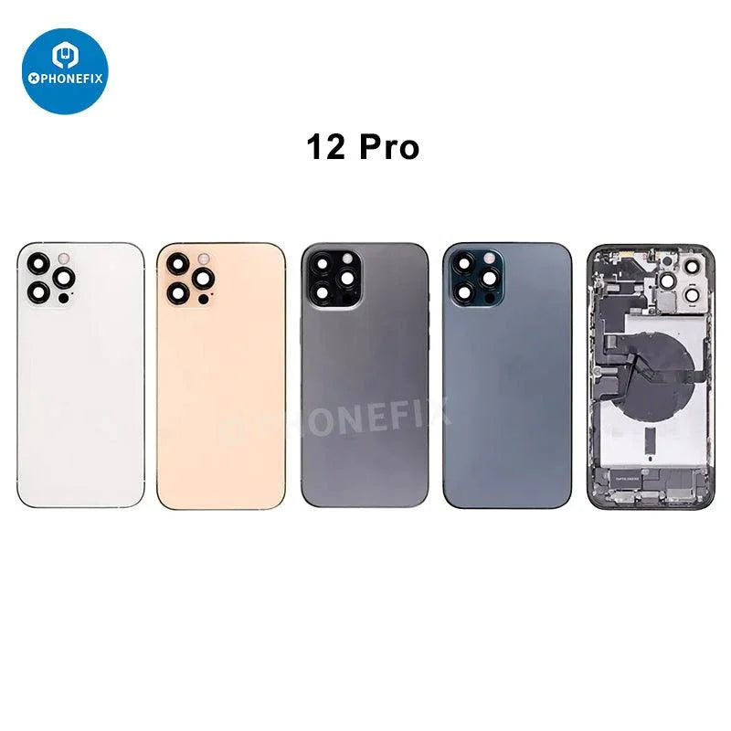 PHONEFIX iPhone 12 Pro back cover rear housing with replacement back glass, showing the full assembly for repair or replacement.