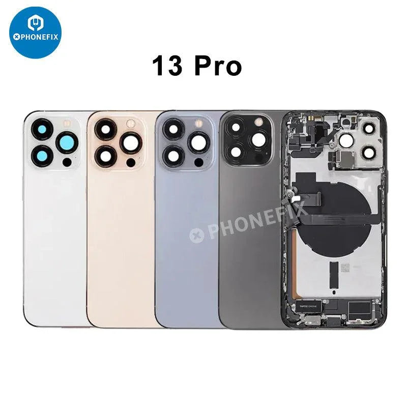 PhoneFIX iPhone 13 Pro back cover rear housing with glass replacement, showing the full assembly and rear glass panel.