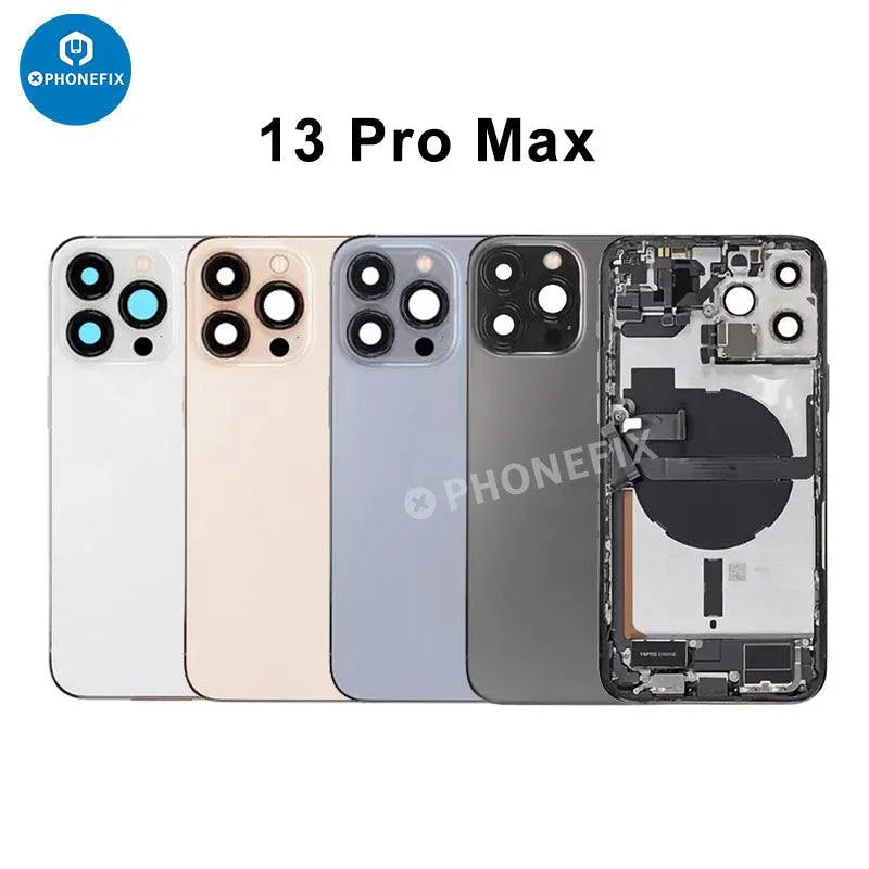 PhoneFix iPhone 13 Pro Max back glass replacement with full rear housing assembly, showing the sleek glass back and frame.