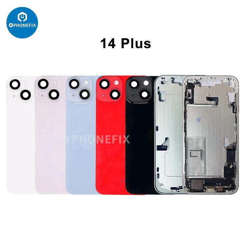 PHONEFIX iPhone 14 Plus back cover rear housing with replacement glass, full assembly showing front and back views.