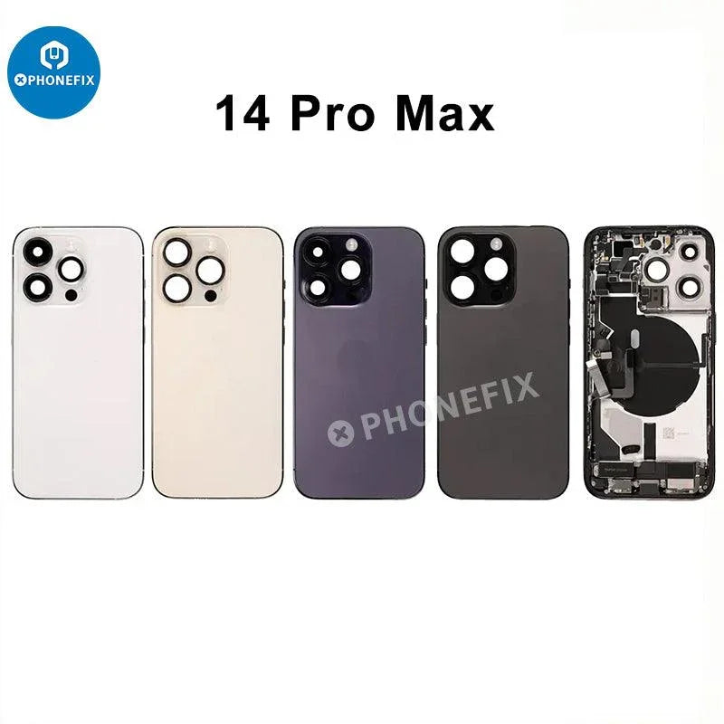PhoneFix iPhone 14 Pro Max replacement back glass housing, full assembly with rear cover and rear glass for repair or replacement.