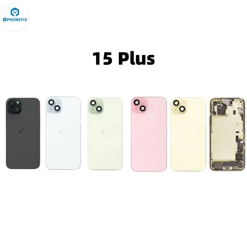 PhoneFix iPhone 15 Plus back cover rear housing with glass replacement, showing the full assembly in black.