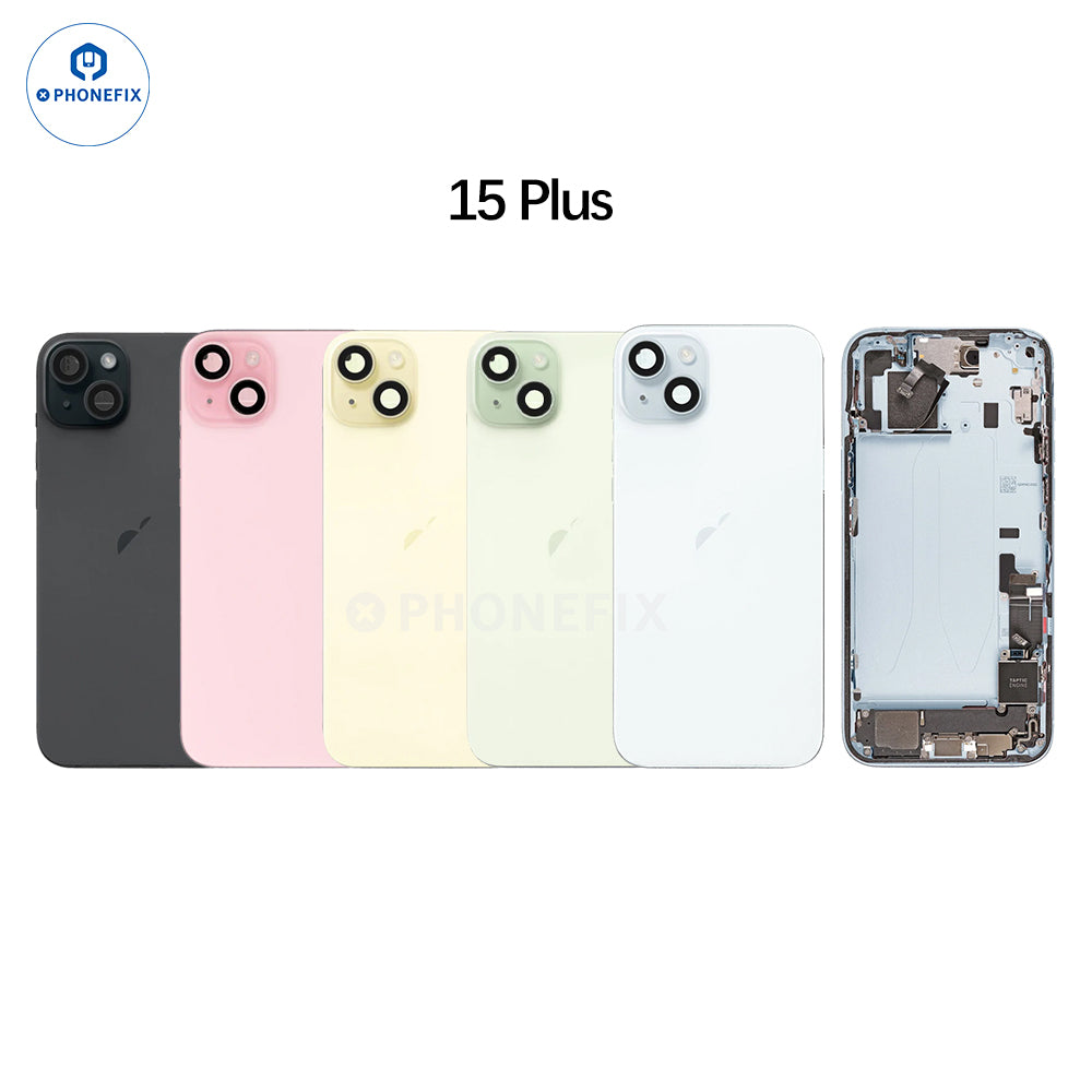 PHONEFIX iPhone 15 Plus back glass replacement rear housing assembly showing the new full back cover for iPhone 15 Plus.