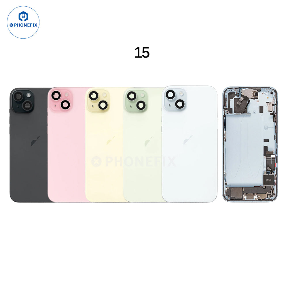 PHONEFIX iPhone back cover rear housing assembly with glass replacement, showing the full assembly on a white background.