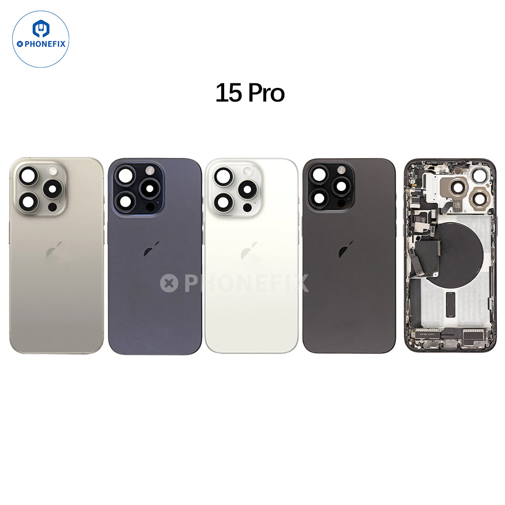 PhoneFix iPhone 15 Pro back cover rear housing with glass replacement, showing the full assembly with sleek design.