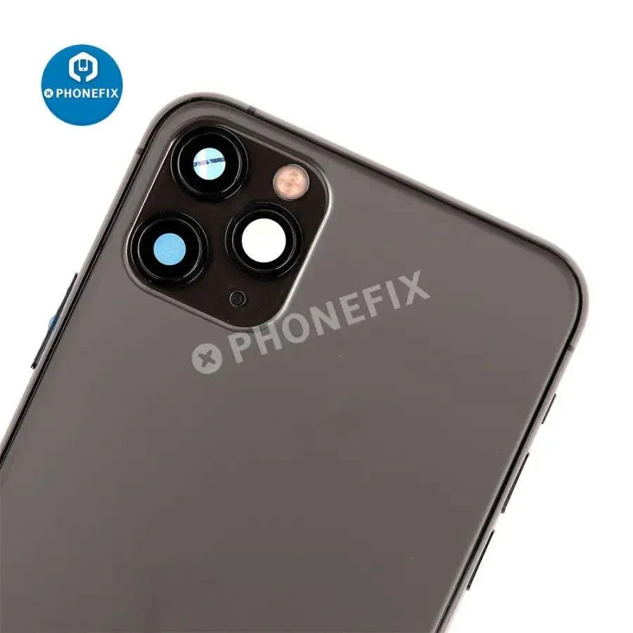 PhoneFix gold back glass replacement for iPhone 11 Pro Max, full assembly back cover showing after-market design and finish.
