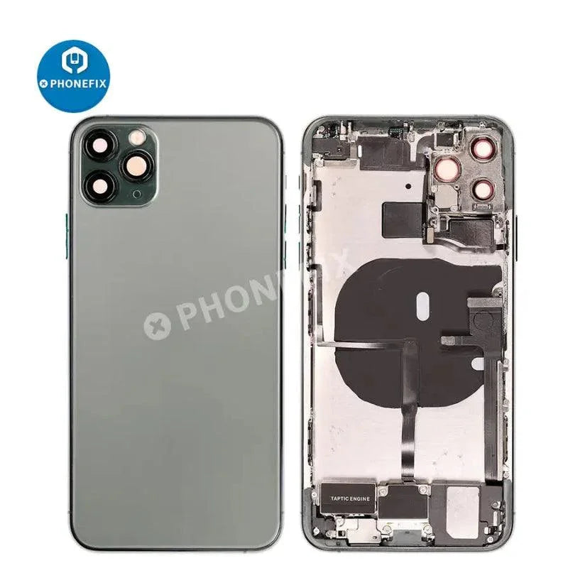 PhoneFix gold back glass cover replacement for iPhone 11 Pro Max showing the full assembly with a sleek gold finish.