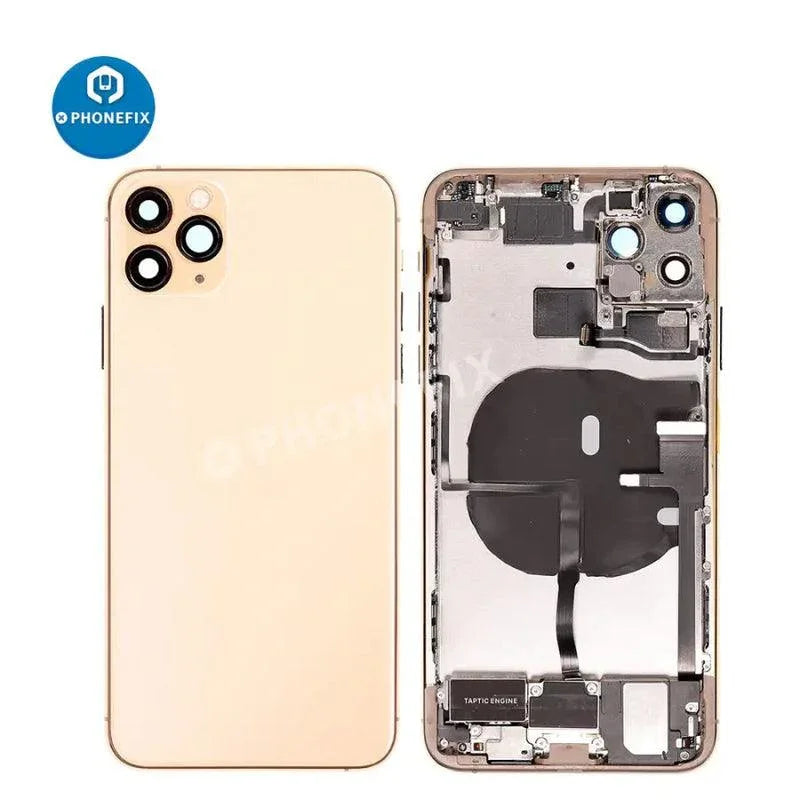 Gold iPhone 11 Pro Max back cover full assembly replacement by PHONEFIX, showcasing the new glass back and sleek design.