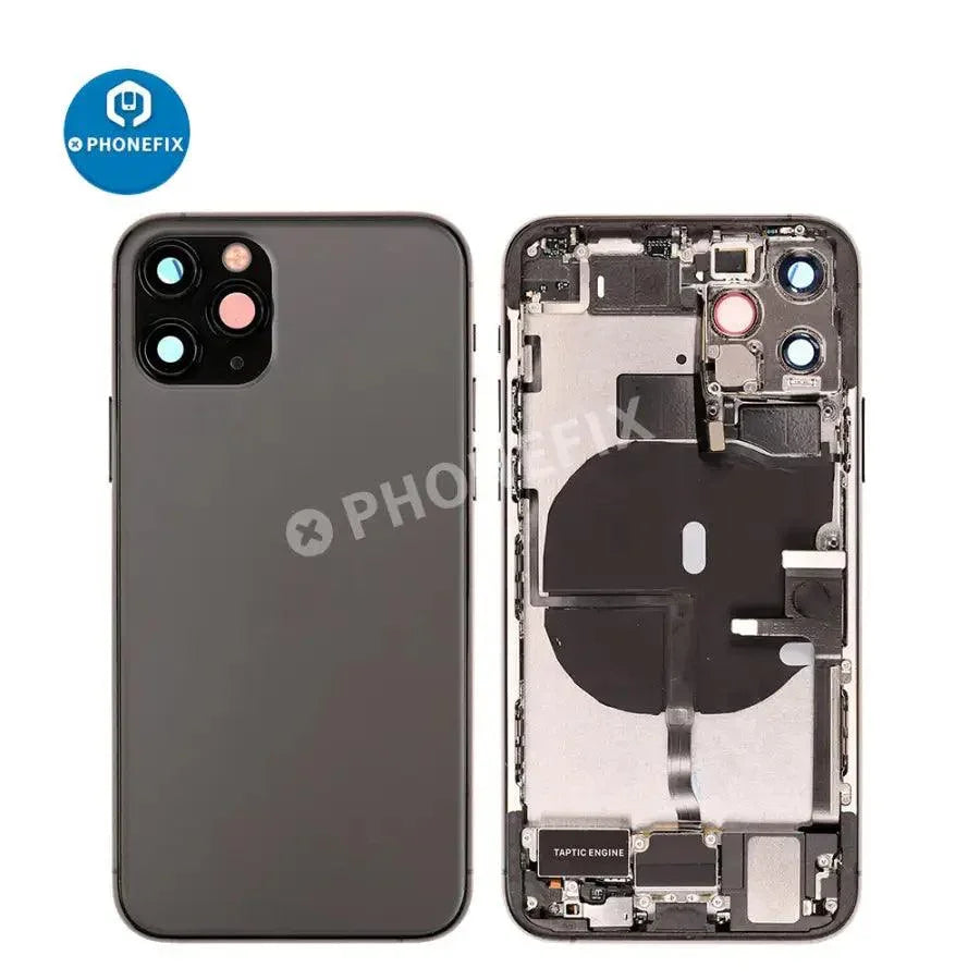 PhoneFix gold back cover assembly for iPhone 11 Pro with full back glass replacement, showing the new full rear case.