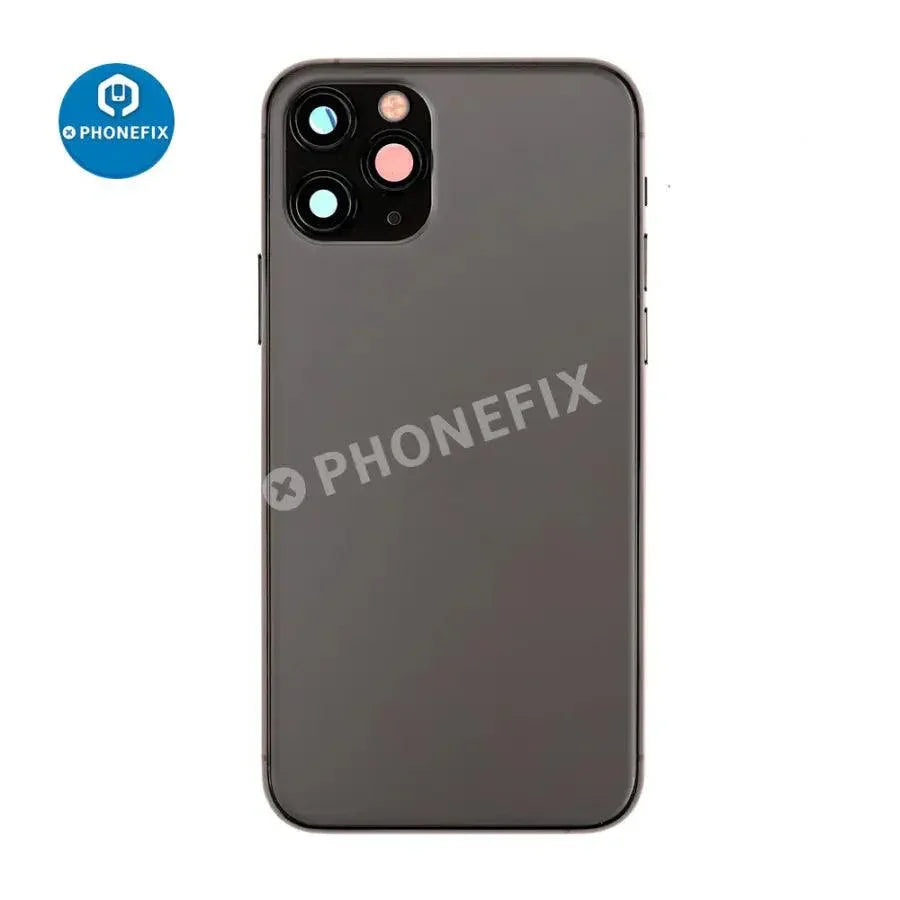 PhoneFix iPhone 11 Pro back glass replacement with gold full assembly, showing the new rear cover and camera cutouts.