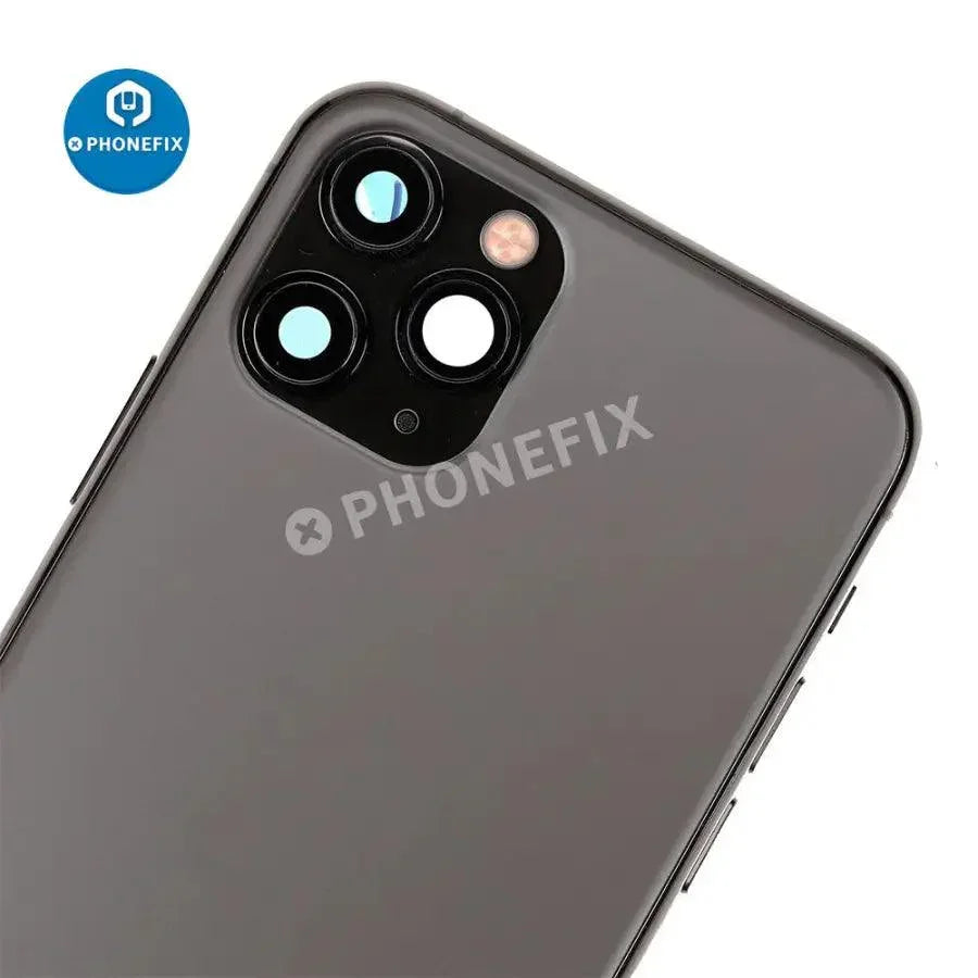 Gold back cover replacement for iPhone 11 Pro, PHONEFIX full assembly back glass repair part, showing the assembled phone back.