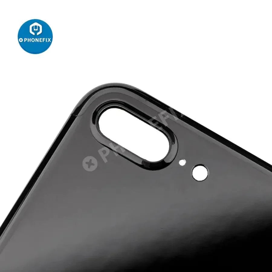Red back glass replacement for iPhone 7 Plus by PHONEFIX, showing the refurbished rear cover after installation.